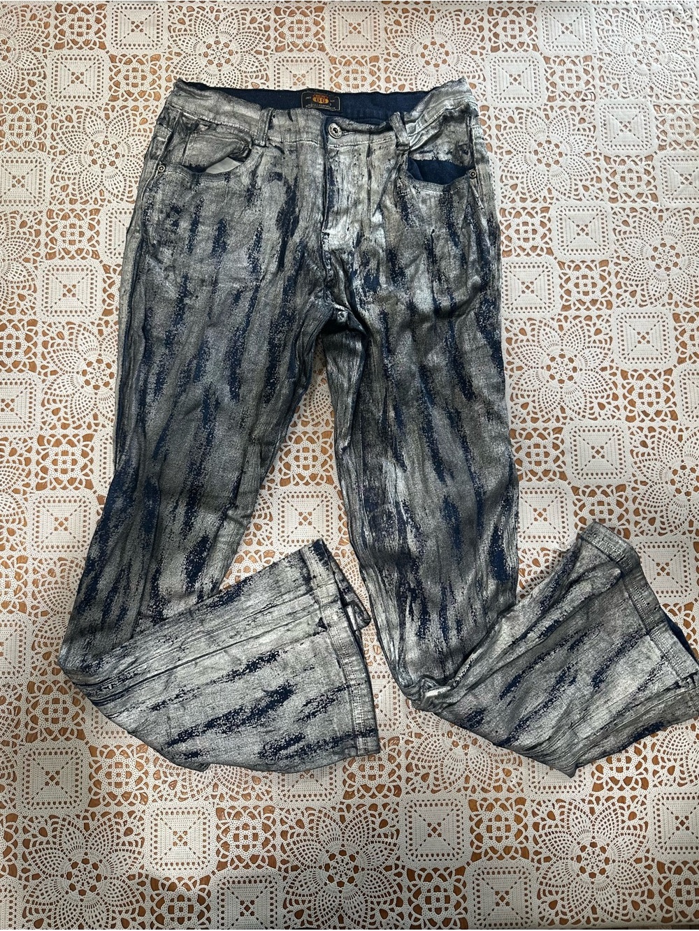 Route 66 Metallic Silver Distressed Flare Jeans Stretch Denim Tagged 14